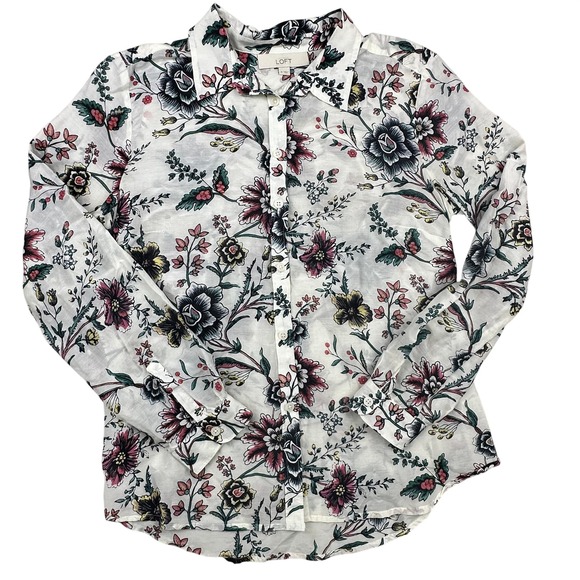 LOFT Tops - LOFT Womens White Floral Silk Cotton Blend‎ Button Down Shirt Long Sleeve Size M